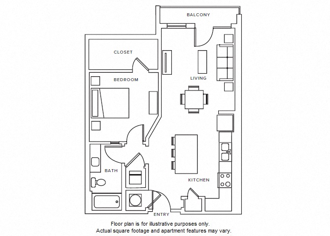 Floor plan for 1 bed, 1 bath, 753 sqft